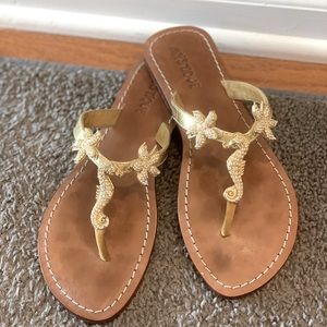 Mystique gold/crystal seahorse leather sandals, size 9.